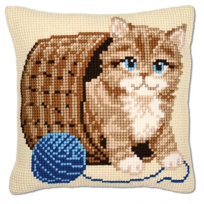 Image of Vervaco Kitten and Wool Cross Stitch Cushion, Multi Colour, Fabric, One