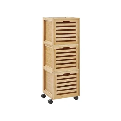 Image of Beliani Functional Bamboo 3 Drawer Bathroom Cabinet Rubber Wheels Storage Light Wood Shawnee