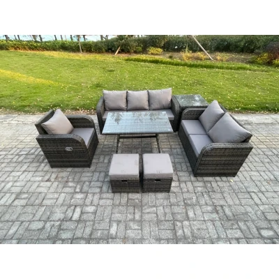 Image of Fimous 8 Seater Outdoor Rattan Garden Furniture Set Patio Lounge Sofa with Dining Table Side 2 Small Footstools Dark Grey Mixed