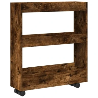 Image of vidaXL Narrow Storage Trolley 3 Tier Shelf Smoked Oak Engineered Wood, Mobile Bookcase, 60x18x70 cm for Living Room/Kitchen/Bathroom