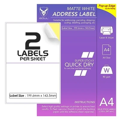 Image of 2 Labels Per A4 Sheet, 50 Sheets 100 Sticky Label, Printable Sticker Paper, iSOUL Matte Self Adhesive Address Mailing, Shipping, Postage, Laser &amp; Inkjet Printer Compatible [Quickdry]