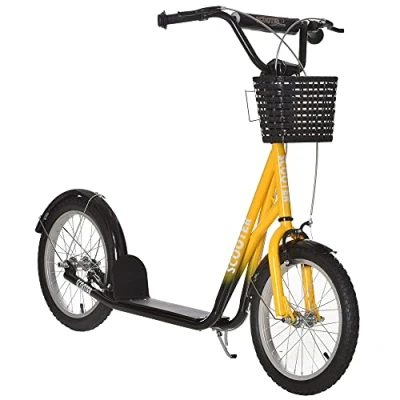 Image of HOMCOM Kids Scooter Teen Ride On Children with Adjustable Handlebar 2 Brakes Basket Cupholder Mudguard 16&quot; Inflatable Rubber Tyres for 5 12 years old Orange