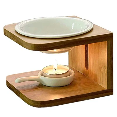 Image of Bamboo Ceramic Essential Oil Burner, MINGJIANG Burner Wax Melting Humidifier Yoga Aromatherapy Fragrance Diffuser Candle Holder for Living Room, Bedroom, Office Decoration