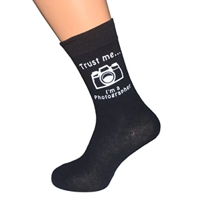 Image of Trust me I&#039;m a Photographer and Camera Image Printed on Black Mens Cotton Rich Socks