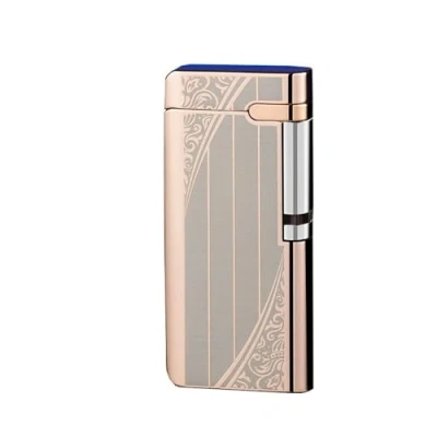 Image of Ultra thin portable lighter, jet flame butane torch windproof red metal refillable gas lighter (Color : D)