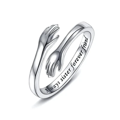 Image of 925 Sterling Silver Hug Rings for Women, I Love You forever Mother Gift sister Gifts Engraved Words Hugging Hands Open Ring Friendship Jewelry (Always friend)