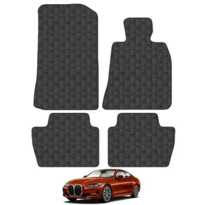Image of Rubber Car Mats Compatible with BMW 4 Series G22 Coupe (2020 ) Tailored Fit Floor Set Accessory Black Custom Pieces Clips Anti Slip Backing, Heavy Duty &amp; Waterproof