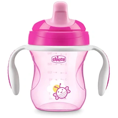 Image of Chicco 7oz. Semi Soft Trainer with Bite Resistant Spout and Spill Free Lid Removable, Non Slip Handles Top Rack Dishwasher Safe Easy to Hold Ergonomic Indents Pink 6+ Months