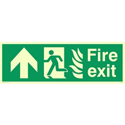 Image of Viking Signs SG695 L41 P &quot;Fire Exit&quot; Running Man Left UP Arrow Sign, Semi rigid Photoluminescent Plastic, 150 mm H x 450 W