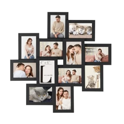 Image of SONGMICS Picture Frame Collage for 12 Photos in 4x6, Frames, Photo Set, Glass, Assembly Required, Wall Mounted, Family Photos, MDF, Ink Black RPF22BK