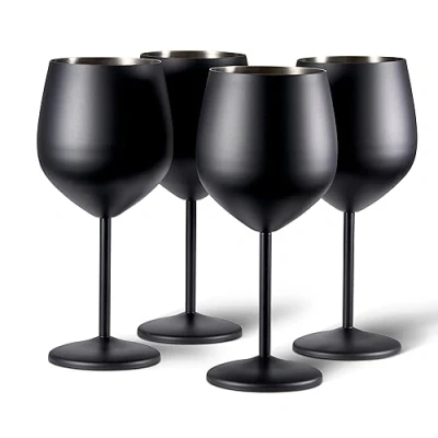 Image of Oak &amp; Steel 4 Elegant Black Stainless Wine Glasses, 540ml Unbreakable Glass Gift Set, for Indoor or Outdoor Use, Birthdays, Garden Parties, BBQs