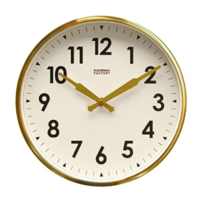 Image of Cloudnola Station Metal Wall Clock, Brushed Gold, 30 cm Diameter, Silent Non Ticking, Battery Operated Quartz Movement
