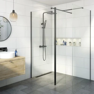 Image of BAYSTONE® 700 &amp; 700mm Wet Room Shower Screen Panels 8mm Toughened Safety Easy Clean Glass Walk in Enclosure + Hinged Return Panel, Matt Black