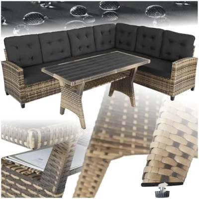 Image of TecTake® Rattan Garden Furniture Set, 8 Seater Corner Sofa, 3 Piece Modular 1 Table with Storage Shelf, Comfortable Seat and Back Cushions, for garden, patio, balcony natural