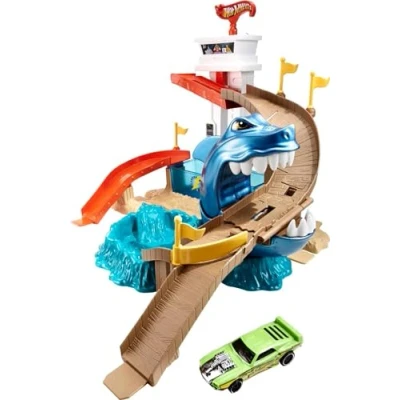 Image of Hot Wheels Color Shifter Sharkport Showdown, Playset Shark thematic, Includes Toy Car, for Kids 4 Years+, BGK04