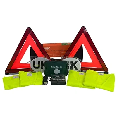 Image of RAC Premium Family European Driving Kit Car Travel for Roadside Emergency &amp; Breakdown in Europe First Aid Kid, Hi Vis Vests, Spare Bulb Kit, UK Sign, 2 x Warning Triangle Torch
