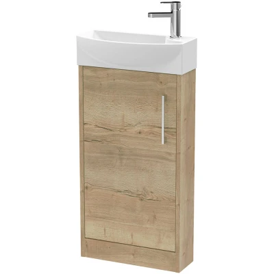 Image of Hudson Reed JNU1821L Juno Compact Modern Cloakroom Floor Standing 1 Door Unit with Tap Hole Left Hand Basin, 440mm, Woodgrain Autumn Oak