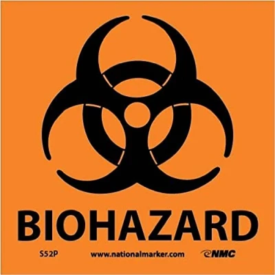Image of NMC S52P Warning Sign with Graphic,&quot;BIOHAZARD&quot;, 7&quot; Width x Height, Pressure Sensitive Vinyl, Black on Orange