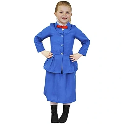 Image of Girls Magical Victorian Nanny Costume X Large Blue Jacket with Attached Shirt &amp; Bowtie and Long Skirt Kids World Book Day Week Fancy Dress