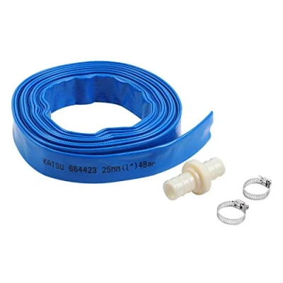 Image of KATSU Layflat Discharge Hose Pipe 10m x 25mm 1 Inch Diameter with 2 Clips and Quick Coupler Connector, Fits Submersible &amp; Other Water Pumps for Draining Pond, Garden Irrigation, Hot Tub, Pool