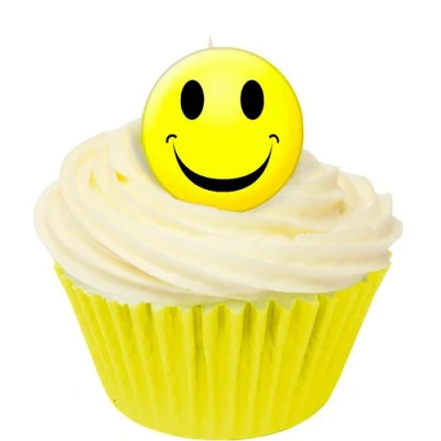 Image of Pack of 36 Edible Wafer Decorations Yellow Smiley Face 25mm 201 390
