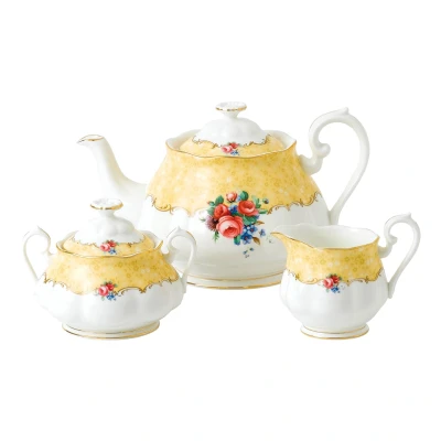 Image of Royal Albert 100 Years 1990 Bouquet 3 Piece Set Teapot, Sugar &amp; Cream Yellow, Bone China, 42.2