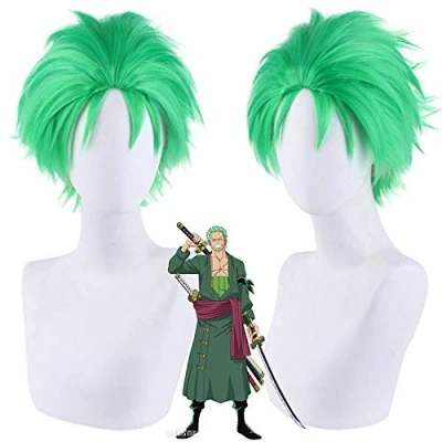 Image of Anime 30CM Short Green Wig Cosplay ONE PIECE Roronoa Zoro Slicked Back Hair Halloween Costume Adult Party Wigs For Men