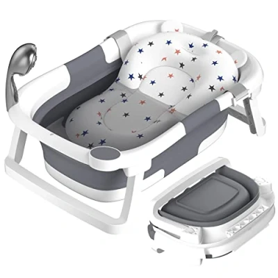 Image of Rabb 1st Baby Bathtub Foldable，Baby Bath Essentials Newborn to Toddler Portable Travel Multifunctional Tub with Non Slip Mat, Drain Hole.(No Thermometer)(Grey + Mat)