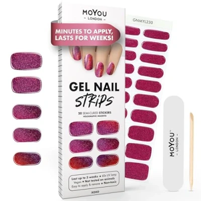 Image of MOYOU LONDON Semi Cured Gel Nail Strips 20 Pcs. Wraps for Salon Quality Manicure Works with Any UV Lamp Easy to Apply, Trim, &amp; Remove Stickers