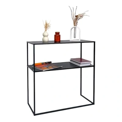 Image of HOMELOX 2 Tier Console Table Black Metal Frame With Wooden Shelf Side Bookshelf