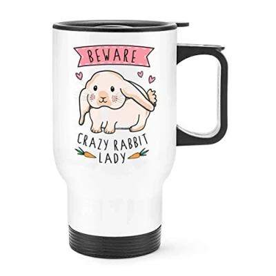 Image of Beware Crazy Rabbit Lady Travel Mug Cup with Handle