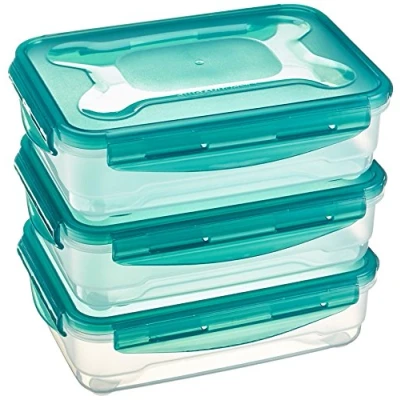 Image of Amazon Basics Air Locked Leak Proof, Stackable &amp; Airtight Fridge/Freezer Containers with Lids, BPA Free Plastic, Microwave and Dishwasher Safe 3 Piece Food Storage Set, x 1.2 Liter, Clear