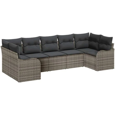 Image of vidaXL 7 Piece Garden Sofa Set with Cushions Grey Poly Rattan
