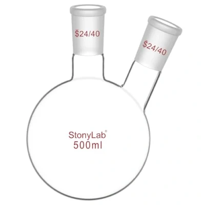Image of StonyLab Glass 500ml Heavy Wall 2 Neck Round Bottom Flask RBF, with 24/40 Center and Side Standard Taper Outer Joint