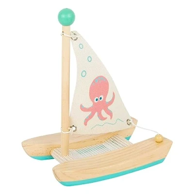 Image of Small Foot 11656 Wooden Octopus Catamaran, Swimming Toy for The Water, Children Aged 24+ Months Bath, Blue