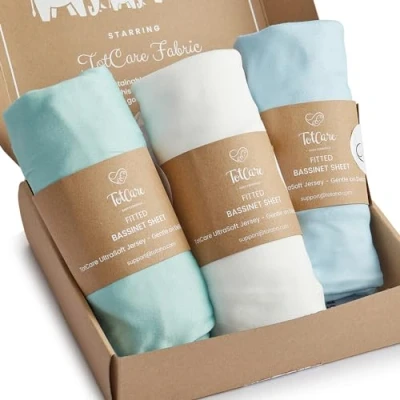 Image of TotCare Bedside Sleeper Bassinet Fitted Sheets 33x20 for Maxi COSI Iora, Koola Baby, Baby Joy, Angelbliss, Kidsclub Buttery Soft Sky + Sage Cloud, 3 Pack