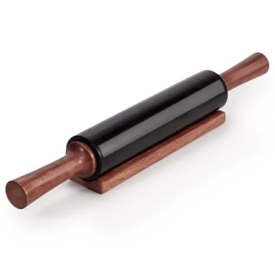 Image of EHC Marble Rolling Pin for Baking with Acacia Wood Stand, Non Stick Surface Pizza Dough, Naan Bread and Pastry, Durable Kitchen Accessory, Perfect Bakers &amp; Chefs Tool Black