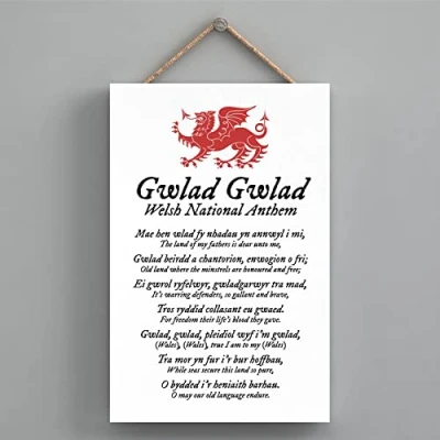 Image of Global Designs Welsh National Anthem Dragon Sign Decorative Hanging Wooden Plaque, White Grain With Uv Print