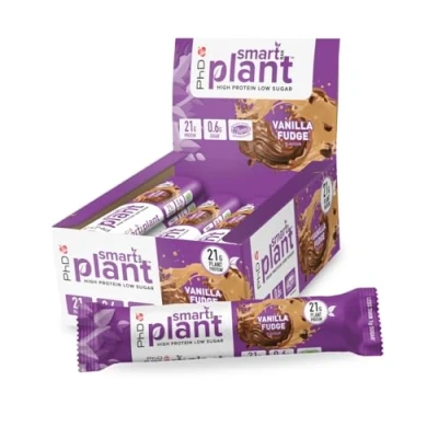 Image of PhD Nutrition Smart Plant Bar Low Calorie, High Protein Sugar Vegan Bar/Protein Snacks, Vanilla Fudge Flavour, 20g of Protein, 64g (12 Pack)