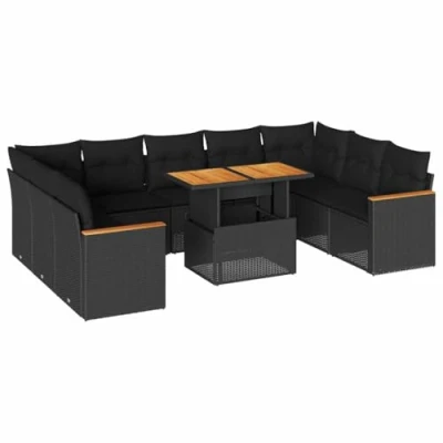 Image of vidaXL 10 Piece Garden Sofa Set/Outdoor Furniture Black Poly Rattan w/Cushions &amp; Storage Weather Resistant Patio Lounge