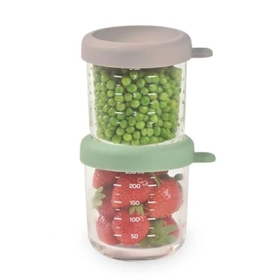 Image of BEABA Set of Baby Food Storage Containers Weaning pots Glass Conservation Jar Colorful Lids Graduation Measuring Scale Heat and Freezer Shock Resitant 2 x 250 ml Sage Green/Gazelle