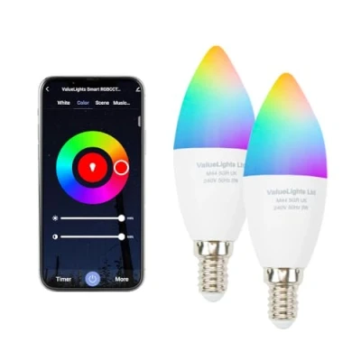 Image of ValueLights 5W RGBCCT Smart Bulb, E14 Small Screw WiFi LED Works with Amazon Alexa and Google Home, Colour Changing Adjustable Brightness, No Hub Required 2 Pack