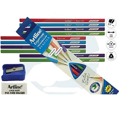 Image of artline Wooden Triangular Pencils, Pack of 10, Extra Dark Pencils Eraser Sharpener