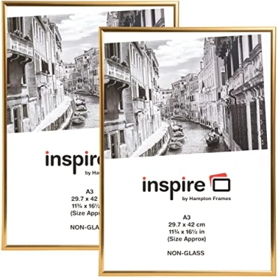 Image of Hampton Frames BACKLOADER A3 (29.7x42cm) Gold Picture Poster Photo Certificate Display Frame 2 PACK Acrylic (Non Glass) Front A3MARGLD 2PK