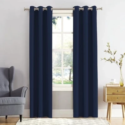 Image of REHAN &amp; CO Blackout Thermal Insulated Curtains Drapes Black out Ring Top Eyelet window curtain 2 panels with Tie Backs for Bedroom, Living Room (Navy Blue, W66 x L54)