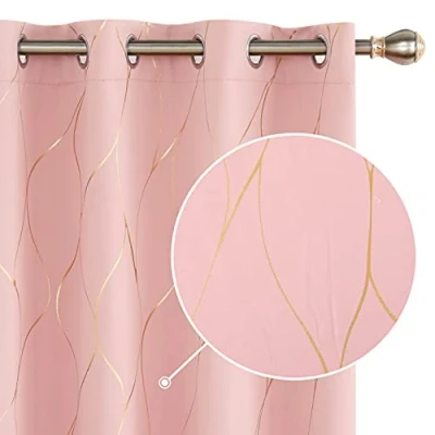 Image of Deconovo Thermal Insulated Blackout Curtains, Gold Wave Foil Printed Eyelet Curtains for Kids Bedroom, 46 x 72 Inch (Width Length), Coral Pink, One Pair
