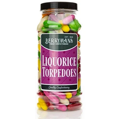 Image of Original Liquorice Torpedoes Retro Sweets Gift Jar By Berrymans Sweet Shop Classic Sweets, Traditional Taste.
