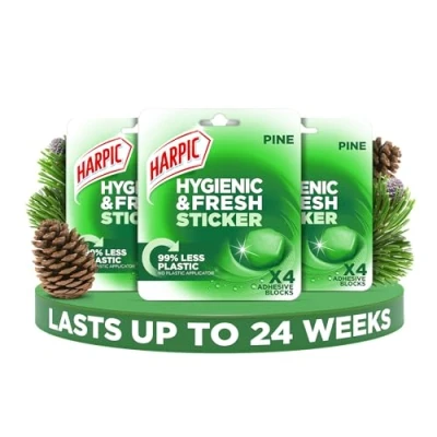 Image of Harpic Hygienic Fresh Sticker Adhesive Toilet Block, Pine, Pack 3 x 4 Stickers, Freshener, No Plastic Applicator, Up to 24 weeks of Freshness