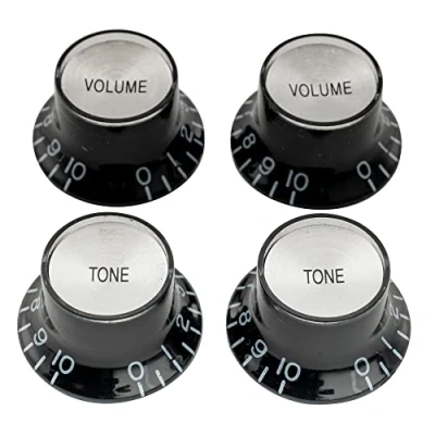 Image of Musiclily Pro Inch Size LP Guitar Reflector Knobs Top Hat Bell 2 Tone Volume for USA Les Paul SG Style Electric Guitar, Black with Silver (Set of 4)