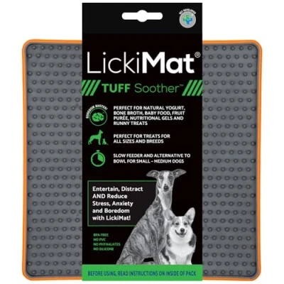 Image of Lickimat Tuff, Heavy Duty Soother, Dog Slow Feeder Lick Mat, Boredom Anxiety Reducer; Perfect for Food, Treats, Yogurt, or Peanut Butter, Fun Alternative to a Feed Bowl Orange